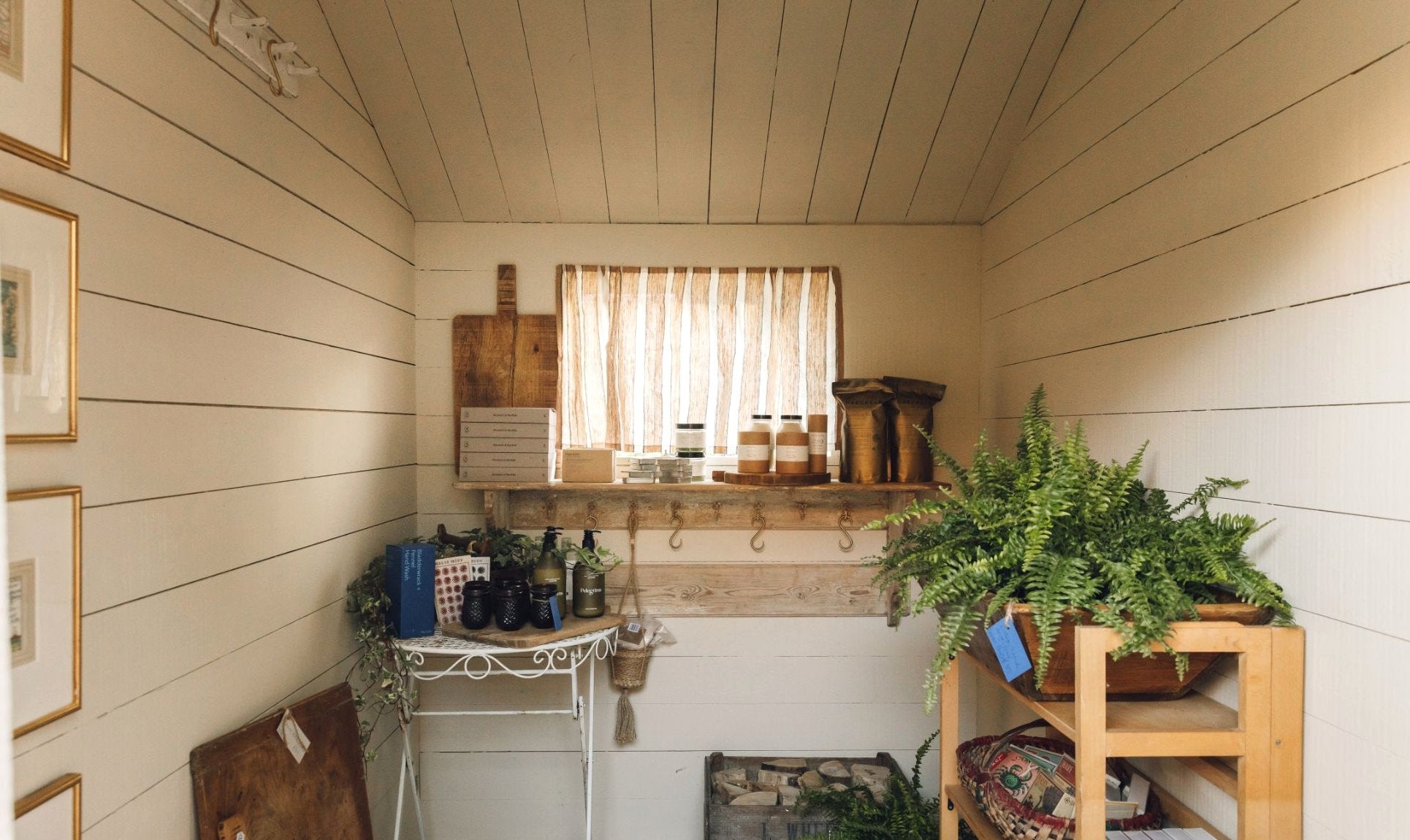 Inside the shed shop: white boarded walls and ceiling, a shelf of bath products and candles under a striped curtain, antique bread boards, a fern and a pine shelving unit